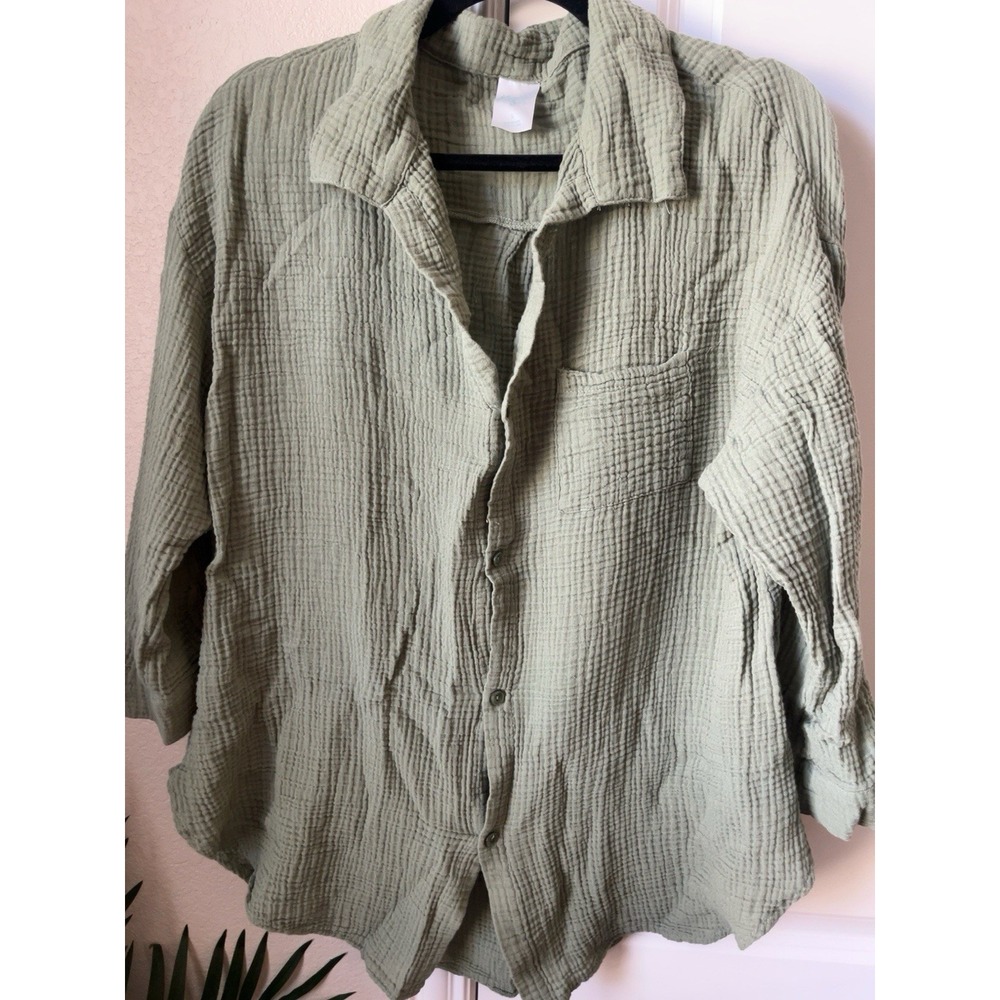 Kona Sol Sage Green Gauze Button Down Shirt Size L Oversized Beach Cover Up - Picture 4 of 5